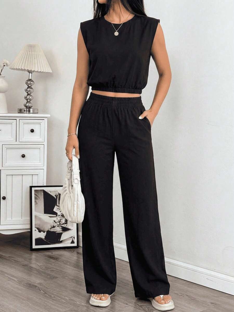 Set Of Two-Piece Sleeveless Short Top, Wide Pants For Summer. - 黑色 - 查看 1