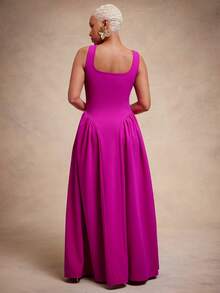 Vixey Đầm maxi dệt kim crepe trơn, cổ vuông, eo thả - Màu đỏ tím - Xem 2