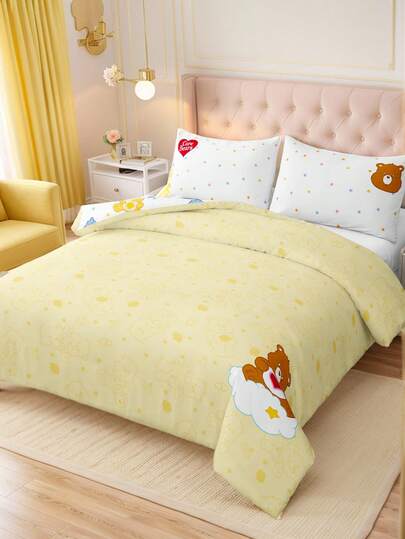 SHEIN X Care Bears 三件套动物卡通印花被套，光滑面料，柔软保暖，蓝色被套，双面图案，多种尺寸可选，适用于单人床/双人床/特大床，精美礼品。