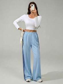 SHEIN Tall Women's Elastic Waist Side Stripe Wide Leg Loose Casual Sweatpants,Back To School, Tall Women - Blue - View 5