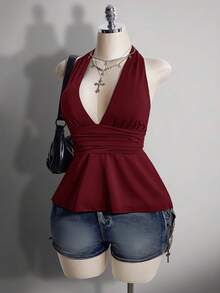 SHEIN ICON 大码V领收腰A字露背波点吊带背心，复古Y2K波点露背吊带背心，娃娃款波点露背吊带上衣 - 酒紅色 - 查看 6