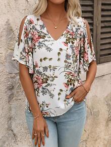 SHEIN Clasi Women's V-Neck Floral Print Ruffle Sleeve Split Hem Blouse,Summer Top Vacation White Floral Elegant - White - View 5