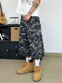 STEELVANCE Quần short denim rằn ri phong cách đường phố cổ điển với túi màu tương phản, trang trí đinh tán, quần short cargo ống đứng rộng rãi thoải mái. - xanh quân đội - Xem 5