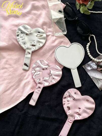 Muroi Mono 1PC Shatterproof High Definition Double Sided Heart Shaped Water Ripple Handheld Mirror For Women Portable Travel Handbag Makeup Mirror With Handle Lightweight Durable Anti Scratch Cute Pink White Gift For Valentine Birthday