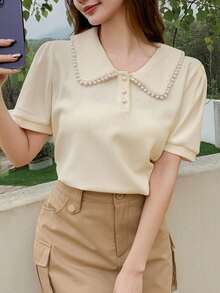 DAZY Women Summer Casual Solid Color Faux Pearl Embellished Peter Pan Collar Short Sleeve T-Shirt - Apricot - View 3