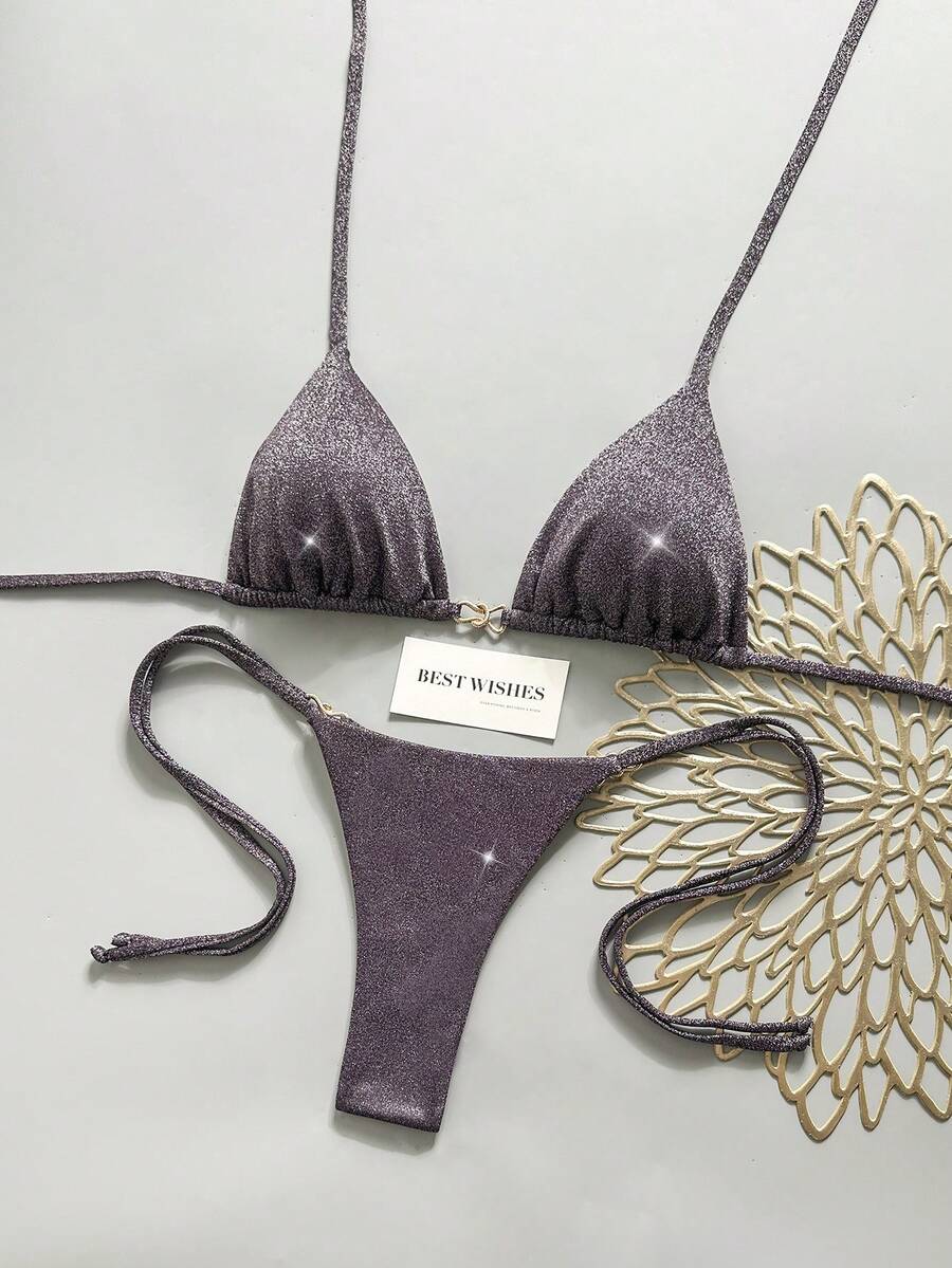 Swim Vcay Bộ bikini nữ màu trơn, chất liệu vải bóng, dây mảnh, trang trí kim loại, thích hợp cho kỳ nghỉ biển. - Màu tím - Xem 1