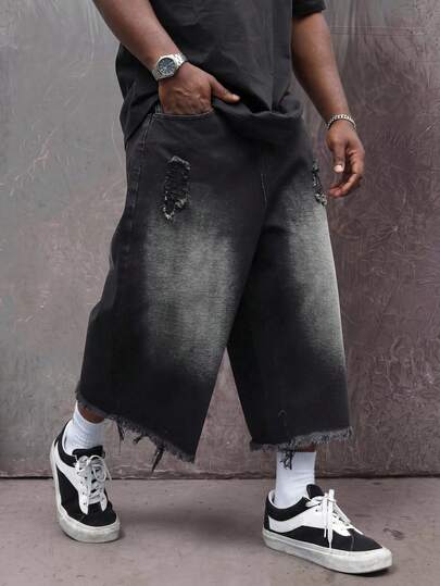 RHETRK Plus Size Men's Front Button Pocket Distressed Trim Loose Denim Shorts Baggy Black Jorts, For Husband, Boyfriend Gifts Going Out Hang Out Commute Street Vacation, Emo Style