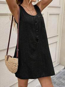 EMERY ROSE EMERY ROSE Vestido vaquero de mujer de unicolor, cuello en U, sin mangas, suelto, para verano - Negro - View 4