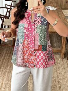 Weeklong Plus Size Women Spring/Summer Placement Print Sleeveless Casual Vacation Shirt Blouse - Multicolor - View 3