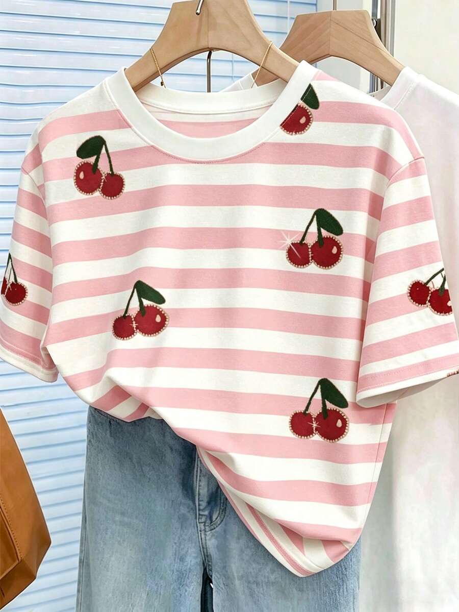 EMERY ROSE Plus Size Women's Casual Cute White Print Round Neck Short Sleeve T-Shirt, Suitable For Spring And Summer Graduation - Multicolor - View 1