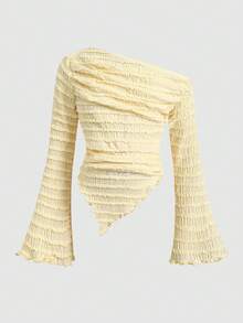 SHEIN Áo thun dài tay màu vàng dệt kim jacquard, vai lệch, dành cho bé gái tuổi teen, thích hợp mặc mùa hè. - Màu vàng - Xem 2