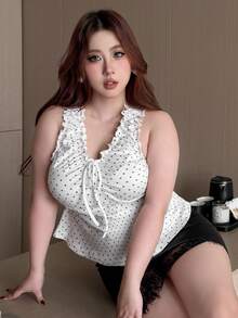 REIGN AVE Plus Size Women's Polka Dot Print Pleated V-Neck Sleeveless Casual Fitted Tank Top, Spring/Summer Graphic Tee - White - View 6