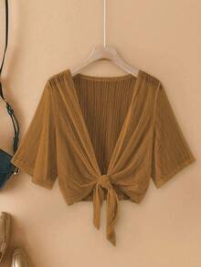 EMERY ROSE Plus Size Women Elegant Lace Mesh Sheer Sleeve Beach Cover Up Jacket - Coffee Brown - View 1