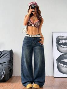 Coolane Quần jeans nữ ống rộng rách gối với túi xéo - Rửa tối - Xem 3