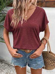 SHEIN Frenchy Áo thun nữ đơn giản, màu trơn, cổ chữ V, tay cánh dơi, thích hợp cho mùa hè. - Đỏ - Xem 4
