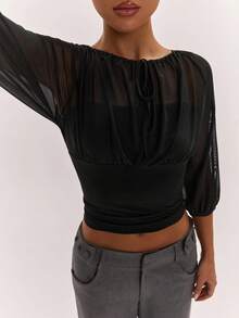 SHEIN BAE 夏季新品：黑色优雅性感中袖衬衫。适合海滩度假、海滩旅行、海滩派对、约会、夜店、郊游、派对、音乐节、早午餐等各种场合。 - 黑色 - 查看 8