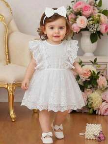 SHEIN Glamorique Kids Đầm bồng sang trọng, không tay, màu trắng, ren hoa, thắt eo cho bé gái. - trắng - Xem 6
