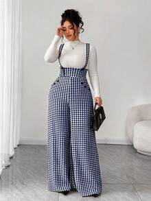 SHEIN Tall CURVE 大尺碼全印花斜口袋優雅休閒寬腿連身褲 正式辦公穿搭 海軍藍 秋季 - 藏蓝色 - 查看 7