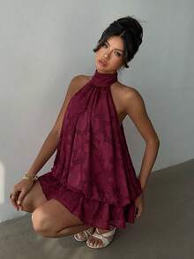 Vestido mini elegante de mujer con cuello halter y lazo en color amarillo claro - Beis - Ver 7