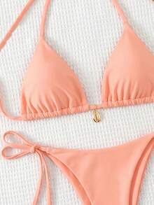 Swim Basics 2026 女款夏季海灘素色掛脖綁帶性感比基尼泳衣套裝 - 珊瑚粉 - 查看 5