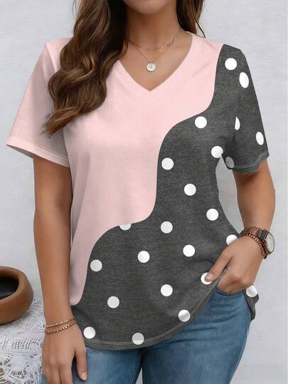 EMERY ROSE Patchwork Design Polka Dot Print V-Neck Short Sleeve Fashionable Plus Size T-Shirt