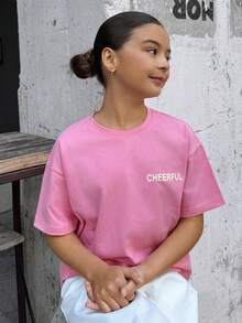 DAZY Oversized Letter Print Round Neck T-Shirt For Tween Girls Summer - Hot Pink - View 8