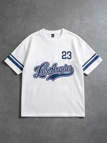Herr T-shirt med rund hals, kortärmad och bokstavstryck, sommar - Vitt - Visa 1