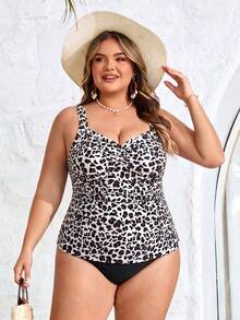 SHEIN CURVE+ Bộ đồ bơi tankini 2 mảnh in họa tiết dành cho nữ cỡ lớn, bikini hở lưng, thích hợp cho kỳ nghỉ hè. - Màu be - Xem 5
