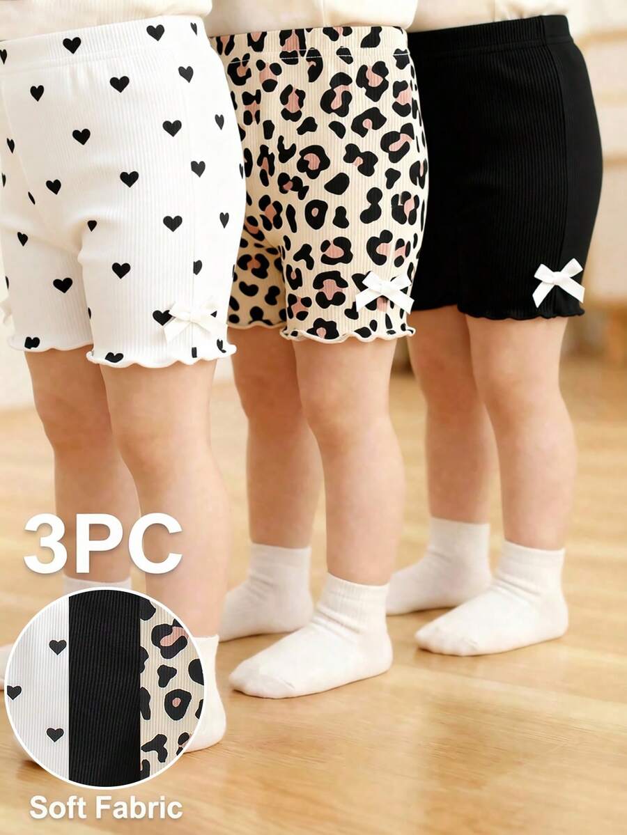 SHEIN Vintaside Kids Bộ 3 món cho bé gái sơ sinh và trẻ nhỏ 0-3 tuổi, kiểu dáng mùa xuân hè, chất liệu thun co giãn, họa tiết trái tim và da báo, thích hợp mặc ở nhà và ngoài trời. - Nhiều màu - Xem 1