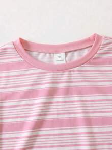 SHEIN Tween Girl Round Neck Short Sleeve Striped Ruffle Sleeve T-Shirt And Striped Shorts 2-Piece Set - Pink - View 6