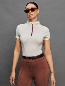 Activina 女士前拉链立领短袖修身马术上衣 马术服装 女士马球衫 女士高尔夫上衣 女士骑马服 - 卡其色 - 查看 4
