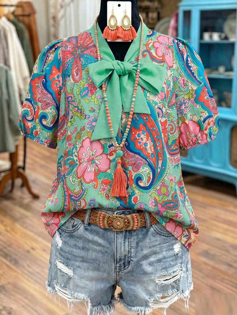 Linhara Paisley-Muster Fliege Puffärmel Hemd, Vintage-Stil Kurzarm Top, geeignet für Südostasien Urlaubsmarkt / Boho-Musikfestival / Freundin Picknick Treffen / Retro Café Check-in, atmosphärische und elegante Bluse - Verschiedenfarbig - Übersicht 1