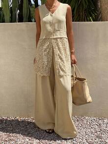 Livesso Sleeveless Fitted Lace Casual Pants 2 Pieces Set For Women Vacation Khaki Summer - Khaki - View 4