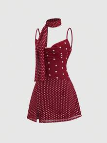 Sweetra Đầm hai dây chấm bi màu đỏ rượu vang, kiểu dáng retro gợi cảm với dải ruy băng chấm bi rủ xuống, eo thả lỏng, vạt bất đối xứng, đa năng cho kỳ nghỉ, hẹn hò và mặc hàng ngày. - Màu Đỏ Sâu - Xem 3