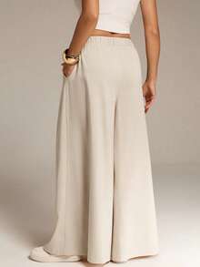 SHEIN Tall Quần/váy lửng xếp ly màu mơ dành cho nữ, kiểu dáng thường ngày, thoải mái, rộng rãi, cơ bản, đa năng, tôn dáng, cạp chun, thích hợp mặc hàng ngày, thích hợp làm quần áo mùa xuân/hè, quần nữ, trang phục mùa hè, quần công sở, kiểu dáng đơn giản, quần culottes ống rộng. - Màu Khaki - Xem 2