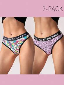My Little Pony X SHEIN 2 buah Celana Dalam Thong Nyaman dan Lembut dengan Motif Unicorn dan Huruf serta Karet Elastis - Berwarna merah muda - View 3