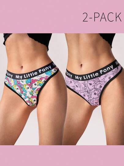 My Little Pony X SHEIN 2pcs Comfortable Soft Unicorn Print & Letter Elastic Band Thong Panties