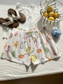 Comfortcana Pantalones cortos sólidos, cómodos y holgados con cordón, talla grande, para primavera/verano - Albaricoque - Ver 3