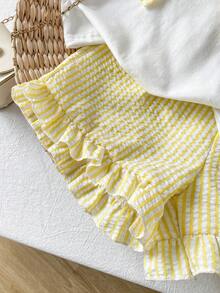 SHEIN Playful Pals Setelan Atasan Camisole Rajut Jacquard Warna Gading dengan Hiasan Ruffle dan Celana Pendek Warna Pink dengan Hiasan Ruffle untuk Anak Perempuan (Ukuran Kecil), Pakaian Musim Panas Bayi yang Lucu dan Menggemaskan - Kuning - View 8