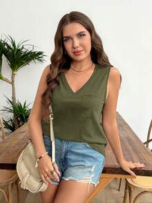 SHEIN LUNE Débardeur décontracté avec poche col V pour femmes grande taille - Vert olive - Voir 4