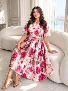 SHEIN Lady CURVE Đầm nữ cỡ lớn in hoa, cổ tròn, tay ngắn, thiết kế xếp ly, thanh lịch. - Hồng - Xem 5