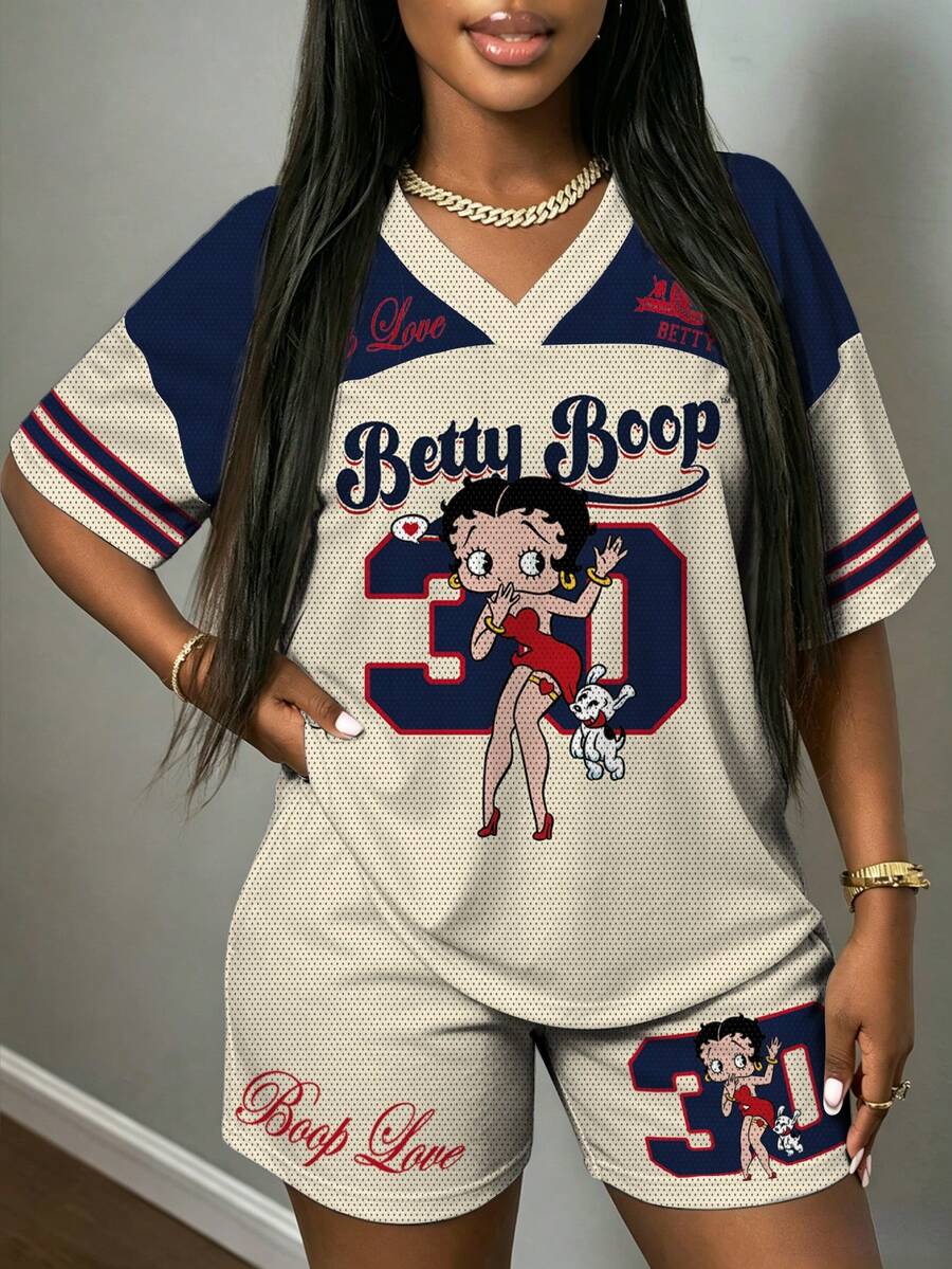Slaydiva Betty Boop x SHEIN 大尺碼女款卡通條紋印花短袖T恤與休閒短褲兩件套 - 彩色 - View 1