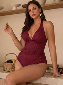 Swim Lushoire Plus Size Textured Fabric Halter One-Piece Swimsuit - Red - View 4