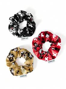 SHEIN Felix The Cat Pack Of 3, Cute, Fashionable, Soft Gloss, Large Intestine Ring, Cartoon Printed Hair Band, Gold & Red & Black, Cat, Suitable For Beauty Use, High Ponytail. - 彩色 - 查看 4
