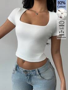 SHEIN BASICS Women's Simple Solid Color Square Neck Tight Fitting Short Sleeve Top Tops For Women White Tops - White - View 4