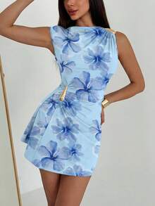 Vestido de Mujer con Mangas Tipo Paraguas y Volantes con Decoración Metálica - Celeste 2 - Ver 3