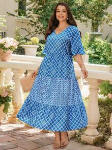 Rosumi Plus Size V-Neck Argyle Print Ruffle Hem Short Sleeve Dress - Baby Blue - View 5