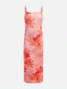SHEIN Đầm xẻ tà màu cam in hoa nhiệt đới cho bé gái tuổi teen, kiểu dáng thường ngày, thích hợp cho tiệc trà chiều, lễ Phục sinh, lễ hội Carnival, du thuyền biển, kỳ nghỉ biển. - trái cam - Xem 2