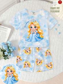 2pcs/Set Young Girls Cartoon Princess Print Snug Fit Short Sleeve Top And Shorts Pajama Set - Multicolor - View 4