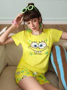 SpongeBob SquarePants | SHEIN Chillnights Cartoon Print Young Energetic Cute Short Sleeve & Shorts Women Pajama Set - Yellow - View 6